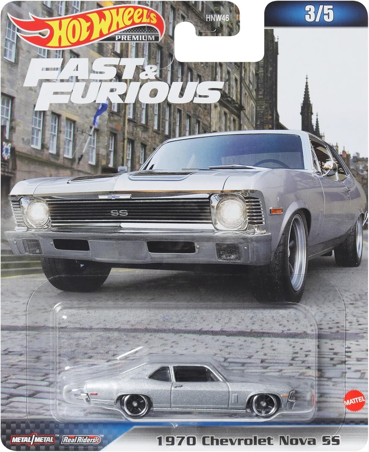 Opakowanie z modelem samochodu Hot Wheels przedstawiające srebrny 1970 Chevrolet Nova SS z serii Fast & Furious. Na opakowaniu widnieje logo Hot Wheels oraz napis \'1970 Chevrolet Nova SS\'.