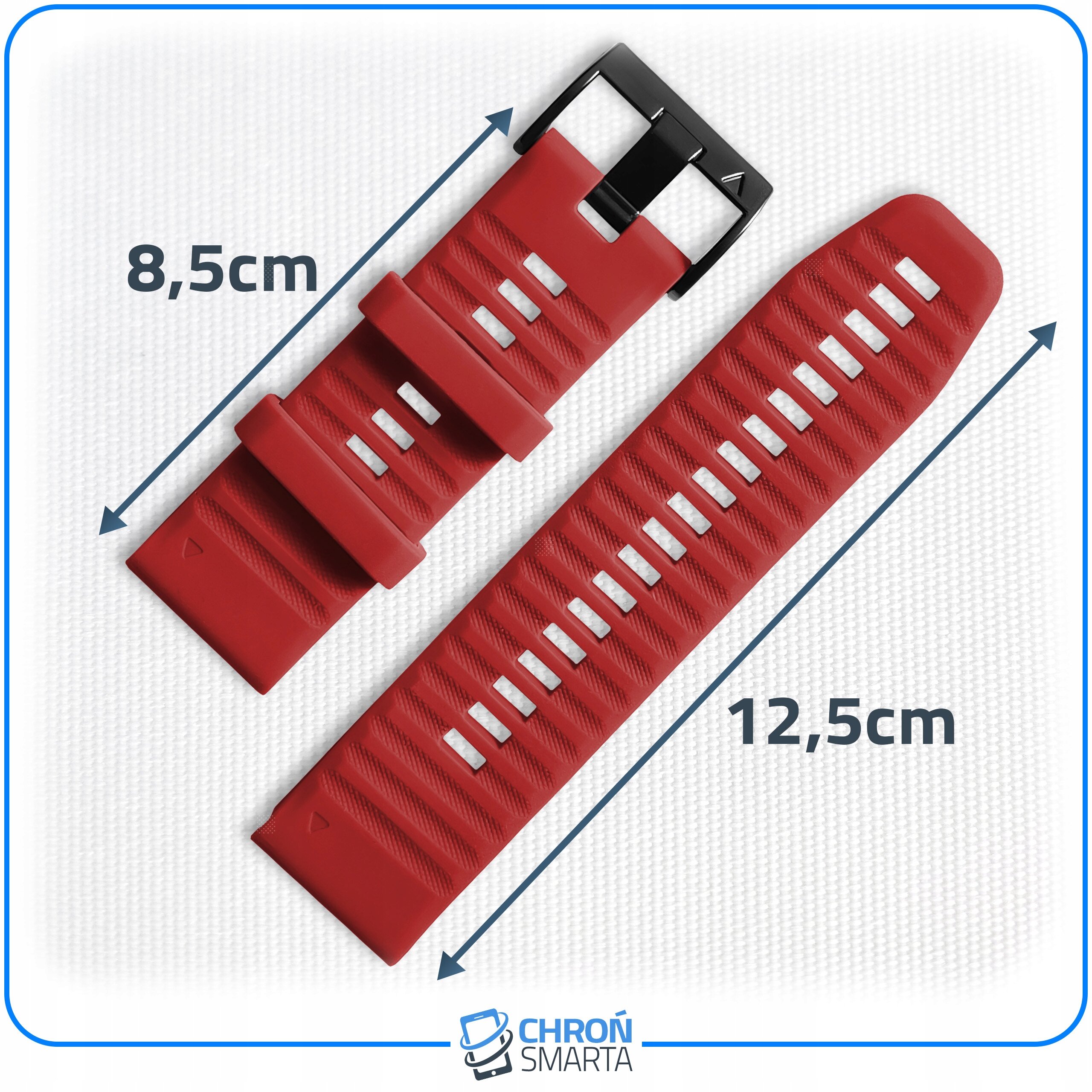 Dwa czerwone paski do smartwatcha z czarną klamrą, jeden o długości 8,5 cm, drugi 12,5 cm. Na dole widoczne jest logo \'CHROŃ SMARTA\'.