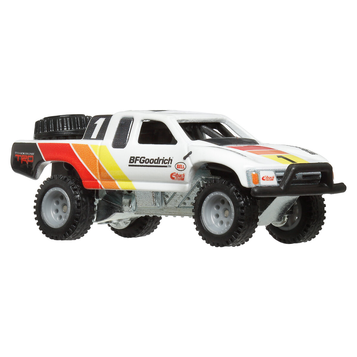 Model samochodu terenowego w kolorze białym z kolorowymi paskami i napisami \'BFGoodrich\', \'TRD\'.