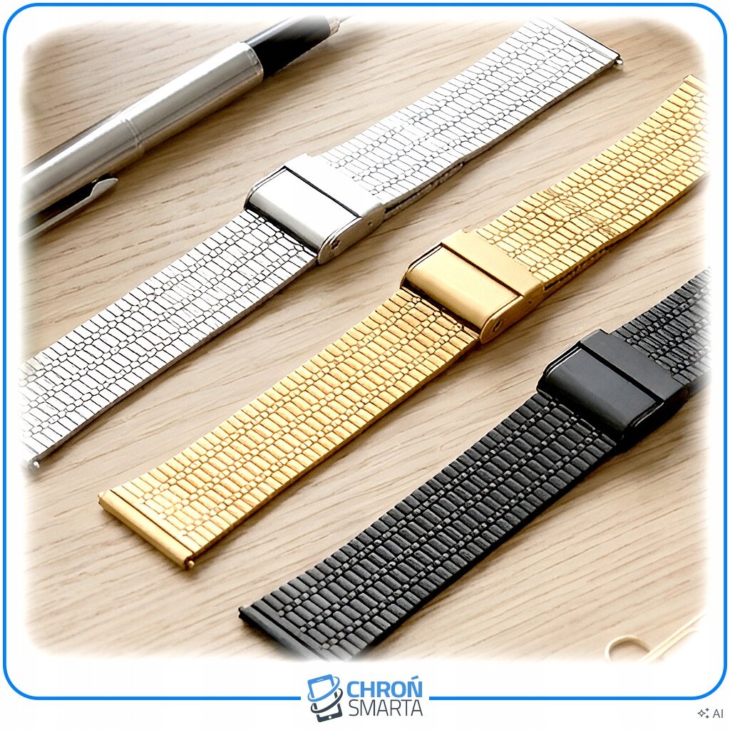 Na drewnianym tle leżą trzy paski do smartwatcha w kolorach srebrnym, złotym i czarnym. W prawym dolnym rogu widoczne jest logo \'CHROŃ SMARTA\'.