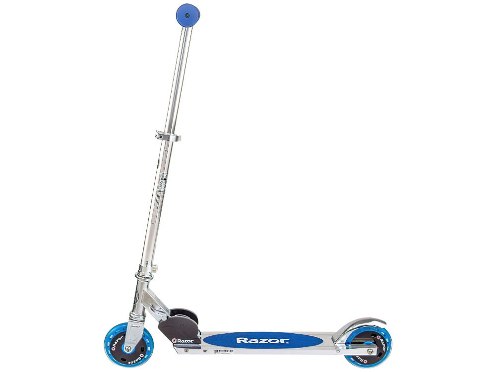 Hulajnoga dla dzieci RAZOR A125 GS Niebieski dla młodszych i starszych użytkowników prosty system składania nowoczesny design ciekawe wzornictwo z aluminium lekka wytrzymała w srebrnym kolorze z niebieskimi akcentami