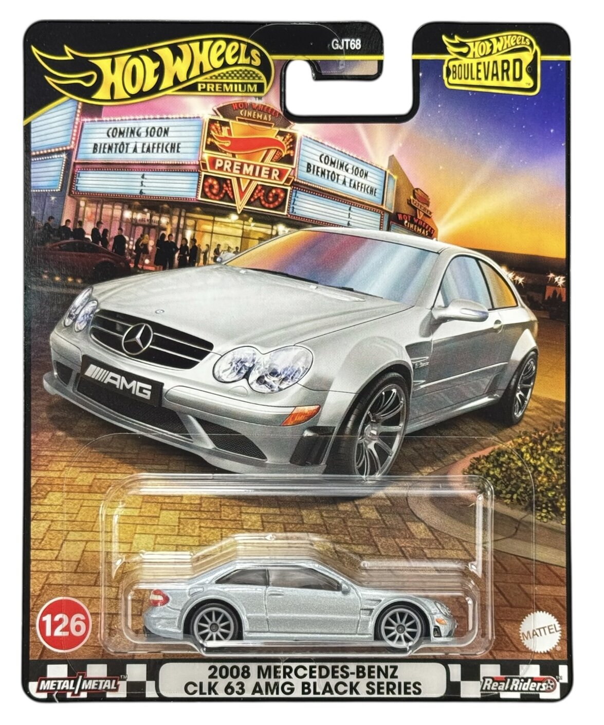 Opakowanie z modelem samochodu Hot Wheels Premium, przedstawiające srebrny samochód 2008 Mercedes-Benz CLK 63 AMG Black Series. Na górze widoczne jest logo Hot Wheels oraz napis \'Coming Soon Bientôt à l\'affiche\'.