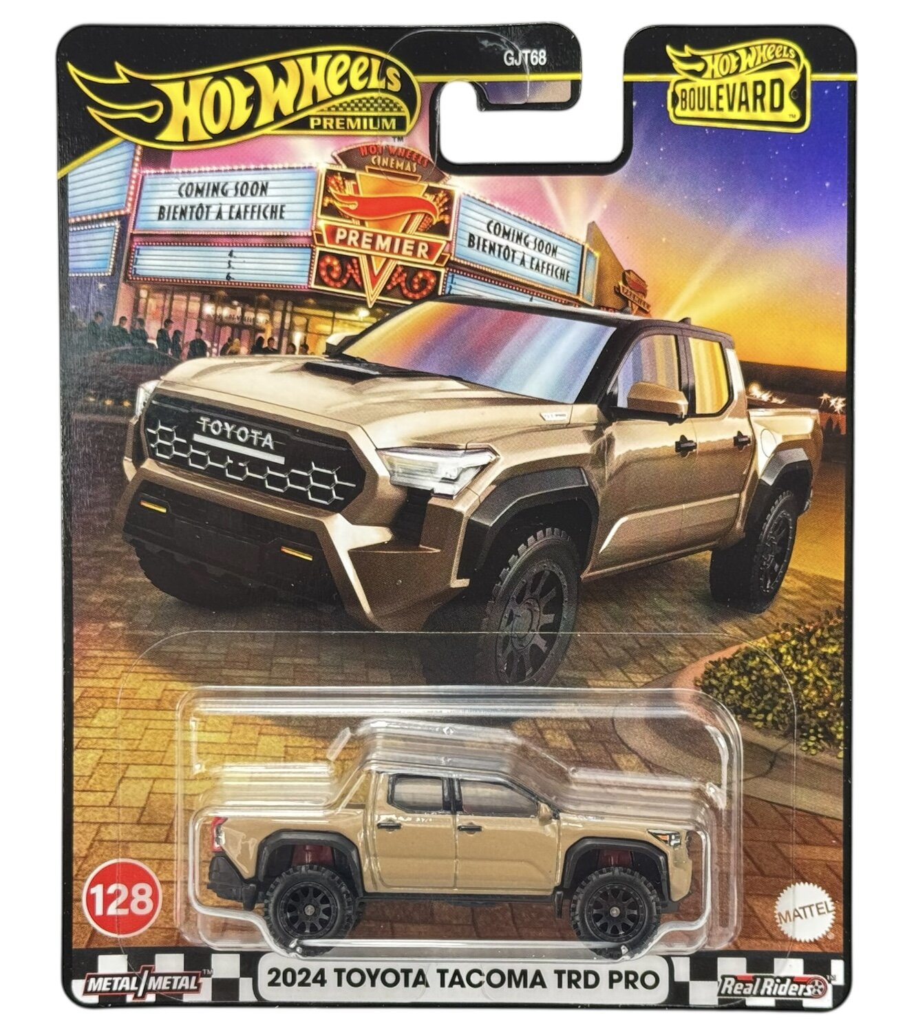 Opakowanie z modelem samochodu Hot Wheels Premium Boulevard, przedstawiające pojazd Toyota Tacoma TRD Pro. Na opakowaniu widnieje napis \'2024 TOYOTA TACOMA TRD PRO\' oraz logo \'Hot Wheels Boulevard\'.