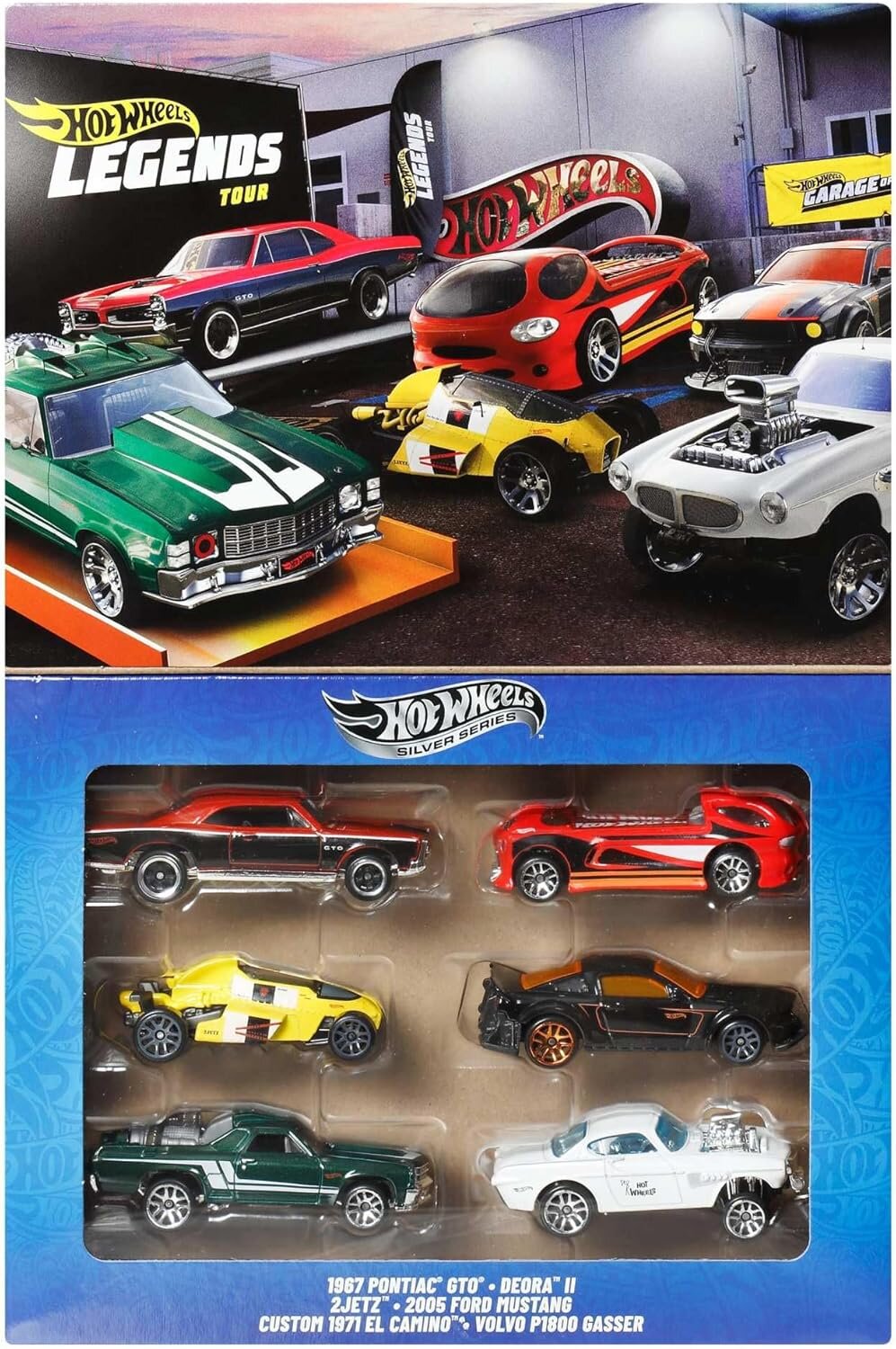 Obraz przedstawia zestaw sześciu metalowych modeli samochodów Hot Wheels w opakowaniu z napisem \'Hot Wheels Silver Series\'. Widoczne modele to: 1967 Pontiac GTO, Deora II, 2JetZ, 2005 Ford Mustang, Custom 1971 El Camino, Volvo P1800 Gasser.