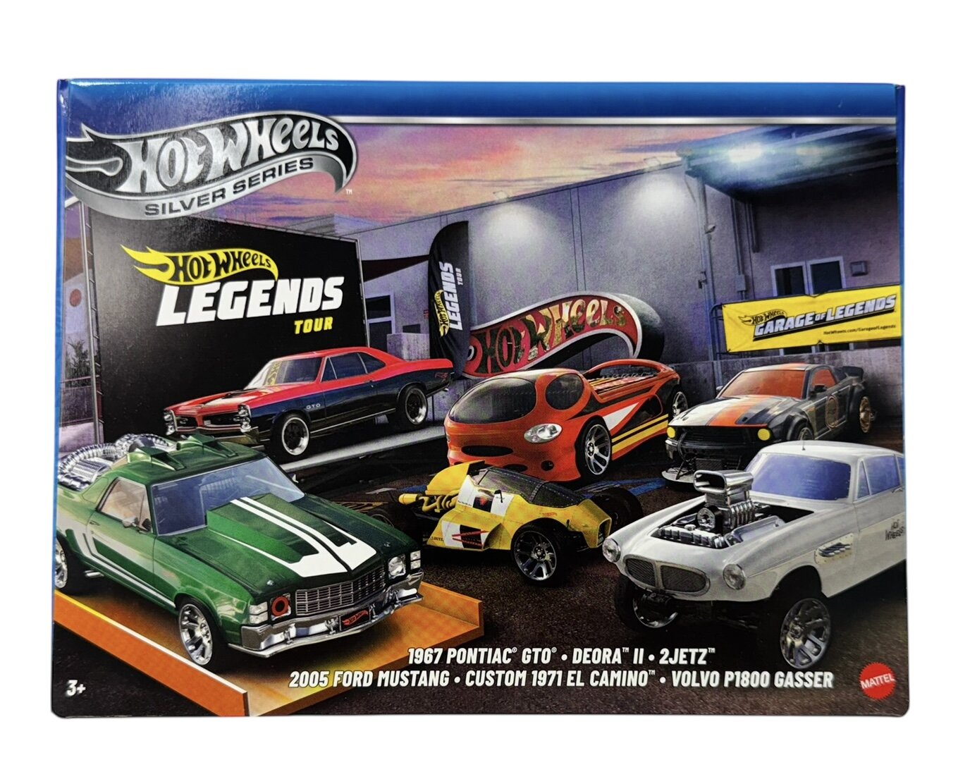 Opakowanie zestawu Hot Wheels Legends Tour Silver Series z sześcioma modelami samochodów, w tym 1967 Pontiac GTO i 2005 Ford Mustang. Widoczne są również napisy: \'Hot Wheels Legends Tour\', \'Garage of Legends\' oraz logo Mattel.