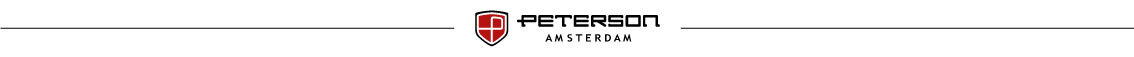 Logo PETERSON z napisem \'AMSTERDAM\' poniżej, umieszczone pomiędzy dwoma cienkimi liniami.