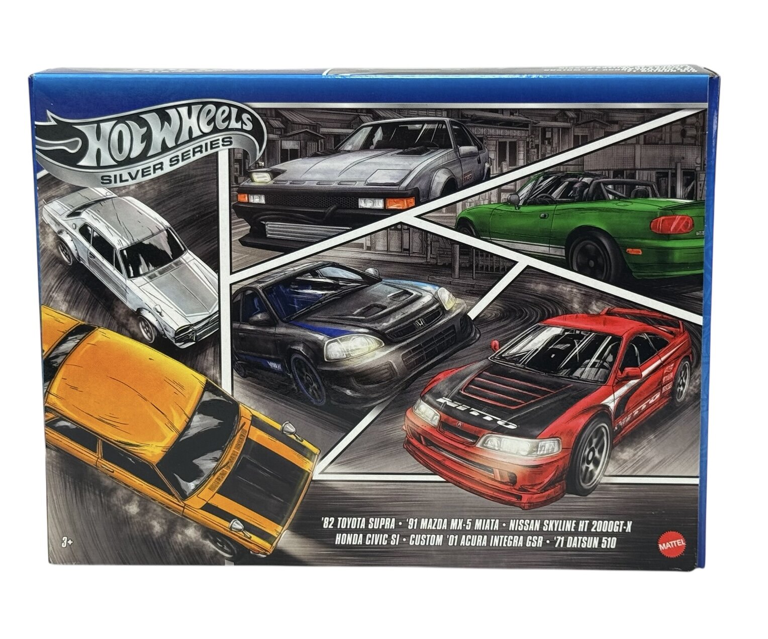 Opakowanie zestawu Hot Wheels Silver Series z ilustracjami sześciu modeli samochodów. Widoczny tekst: \'82 Toyota Supra, \'91 Mazda MX-5 Miata, Nissan Skyline HT 2000GT-X, Honda Civic Si, Custom \'01 Acura Integra GSR, \'71 Datsun 510\'.