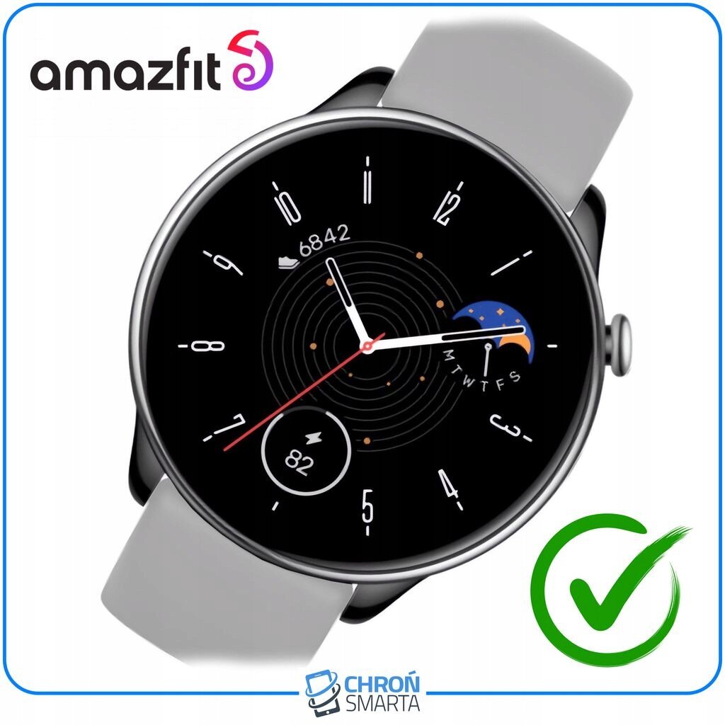Na obrazie widoczny jest smartwatch z okrągłą tarczą, na której wyświetlane są cyfry oraz wskaźniki. W górnym rogu znajduje się logo \'amazfit\', a na dole napis \'CHROŃ SMARTA\'.