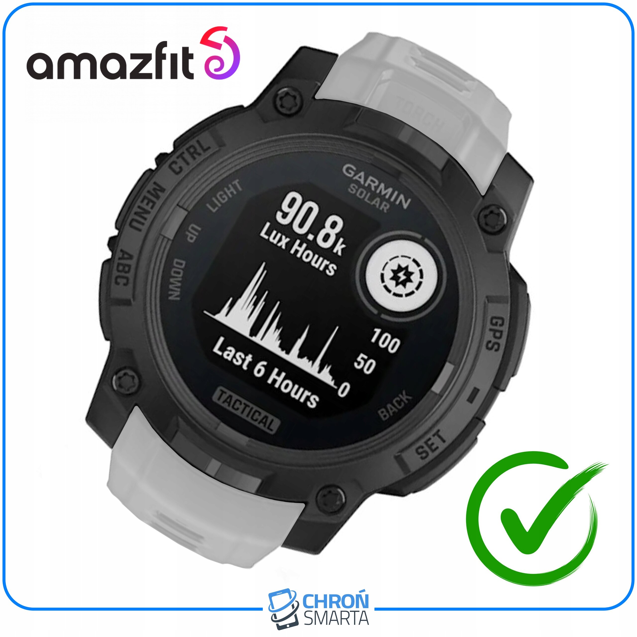Na obrazie widoczny jest smartwatch Garmin Solar z wyświetlaczem pokazującym \'90.8k Lux Hours\' oraz wykres z ostatnich 6 godzin. W górnym rogu znajduje się logo \'amazfit\', a na dole \'CHROŃ SMARTA\'.
