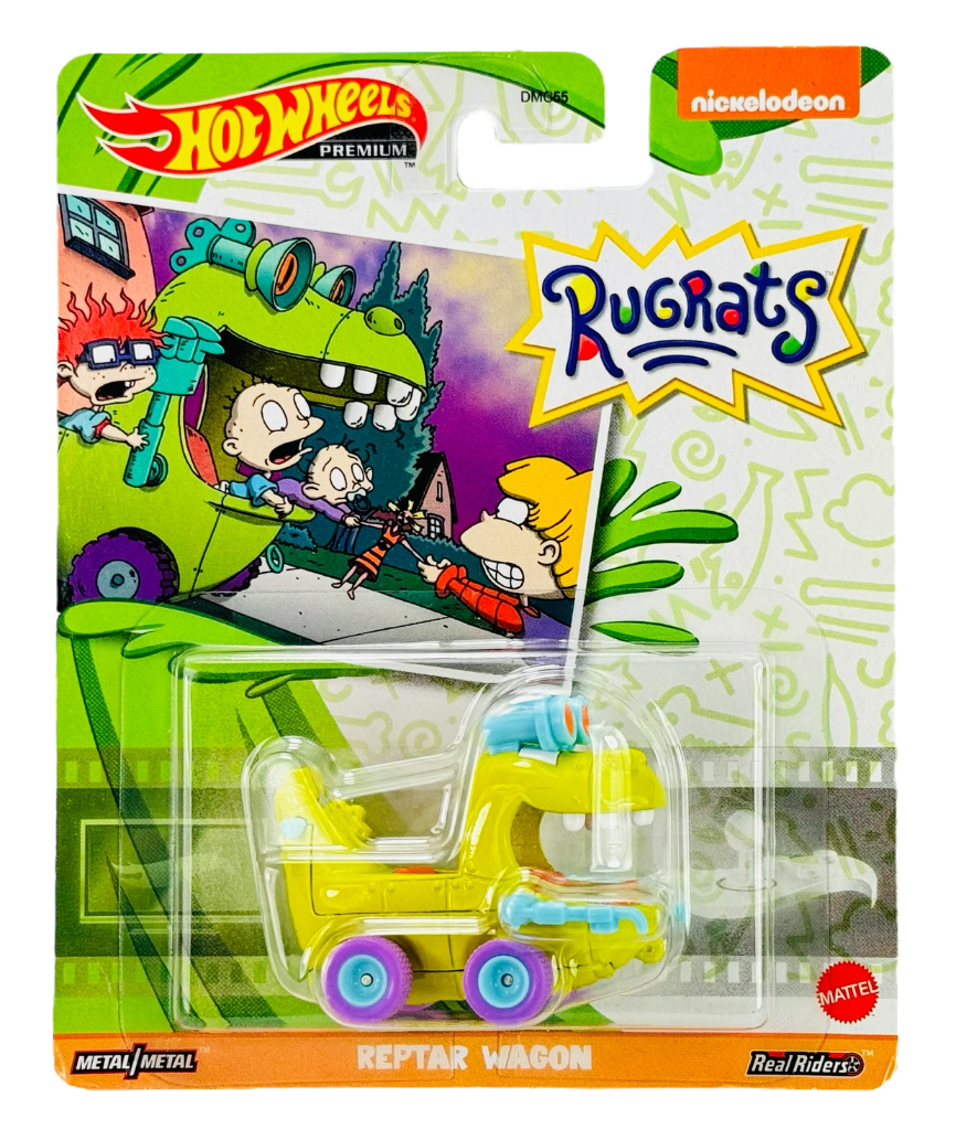 Opakowanie zabawki Hot Wheels z serii Rugrats, przedstawiające model Reptar Wagon w kolorze żółtym z niebieskimi kołami. Na opakowaniu widoczne są postacie z kreskówki oraz logo \'Nickelodeon\' i \'Hot Wheels\'.
