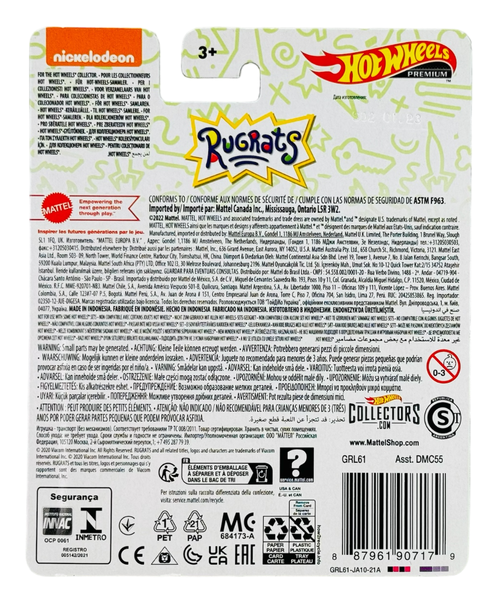 Opakowanie zabawki Hot Wheels z serii Rugrats, z logo Nickelodeon i Hot Wheels Premium. Zawiera ostrzeżenia o małych elementach w wielu językach oraz kod kreskowy i oznaczenia producenta.
