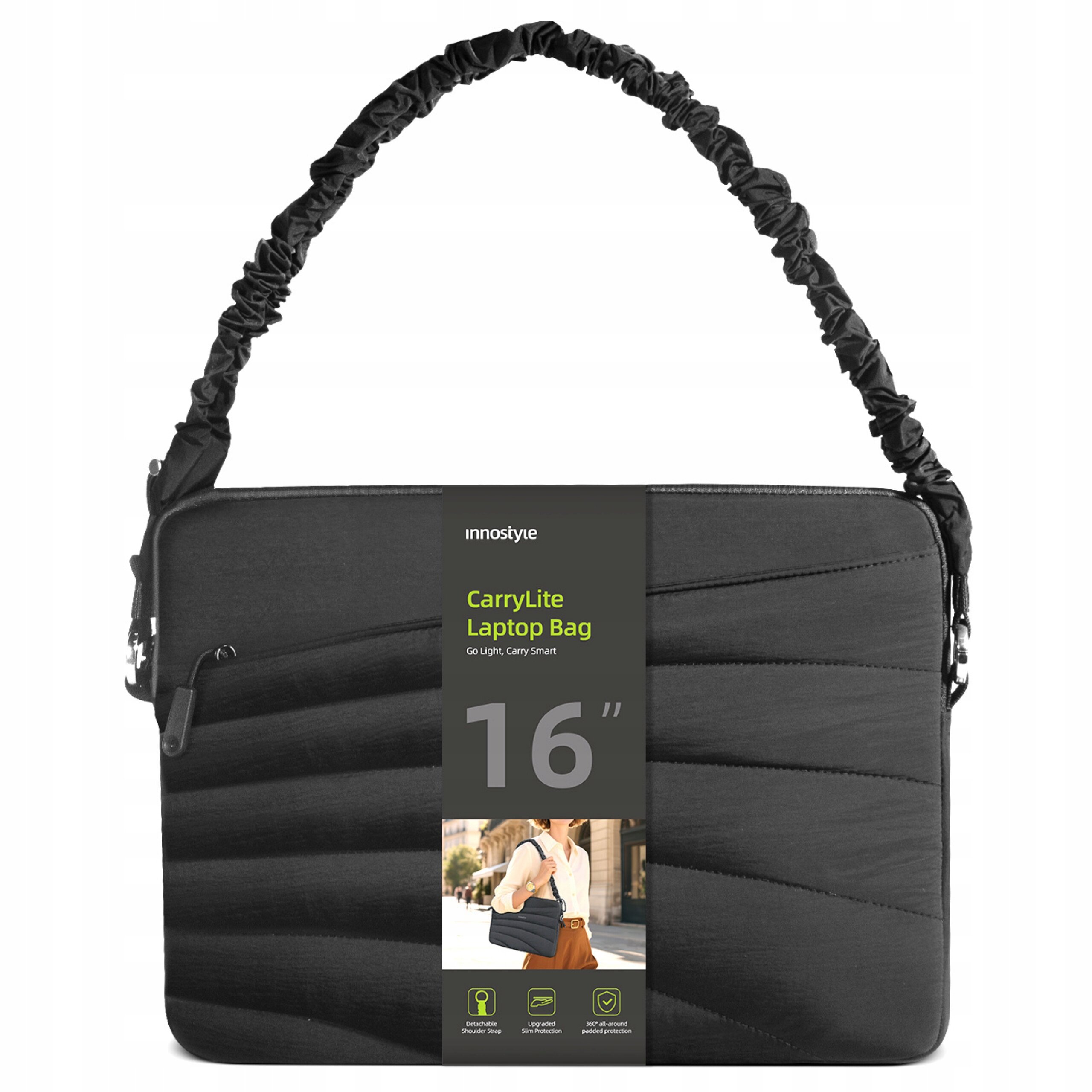 Czarna torba na laptopa z marszczonym paskiem na ramię i oznaczeniem \'innostyle CarryLite Laptop Bag 16\