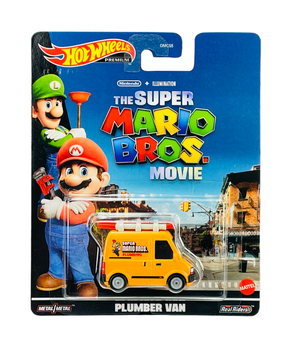 Opakowanie z modelem samochodu \'Plumber Van\' z serii \'The Super Mario Bros. Movie\' od Hot Wheels. Na opakowaniu widoczne są postacie z gry oraz logo \'Hot Wheels\' i \'Mattel\'.