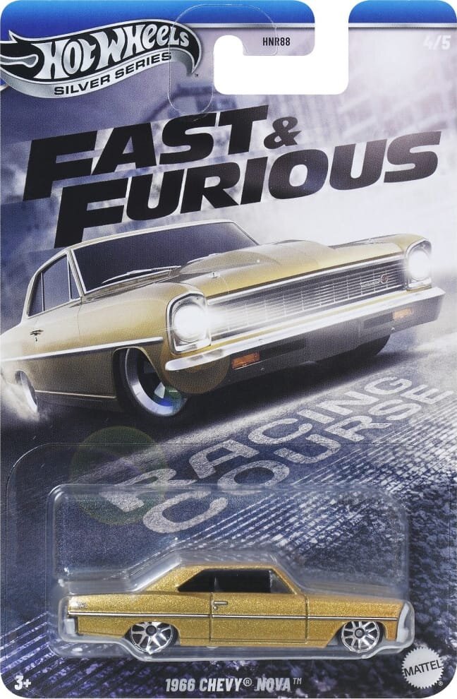 Opakowanie z modelem samochodu Hot Wheels 1966 Chevy Nova z serii Fast & Furious. Na opakowaniu widnieje napis \'RACING COURSE\' oraz logo Mattel.