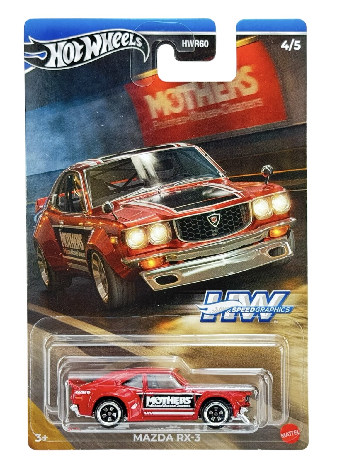 Opakowanie modelu samochodu Hot Wheels przedstawia czerwony samochód Mazda RX-3 z napisem \'MOTHERS\' na boku. Na opakowaniu widnieje logo \'HW Speed Graphics\' oraz oznaczenie \'4/5\'.