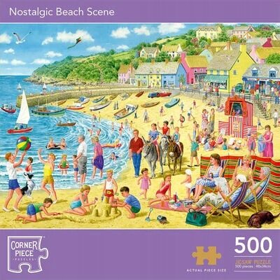 Obraz przedstawia kolorową scenę plażową z ludźmi bawiącymi się na piasku i w wodzie, otoczoną budynkami w pastelowych kolorach. Na dole widnieje napis \'Nostalgic Beach Scene\', logo \'Corner Piece\', oraz informacja \'500 Jigsaw Puzzle\'.