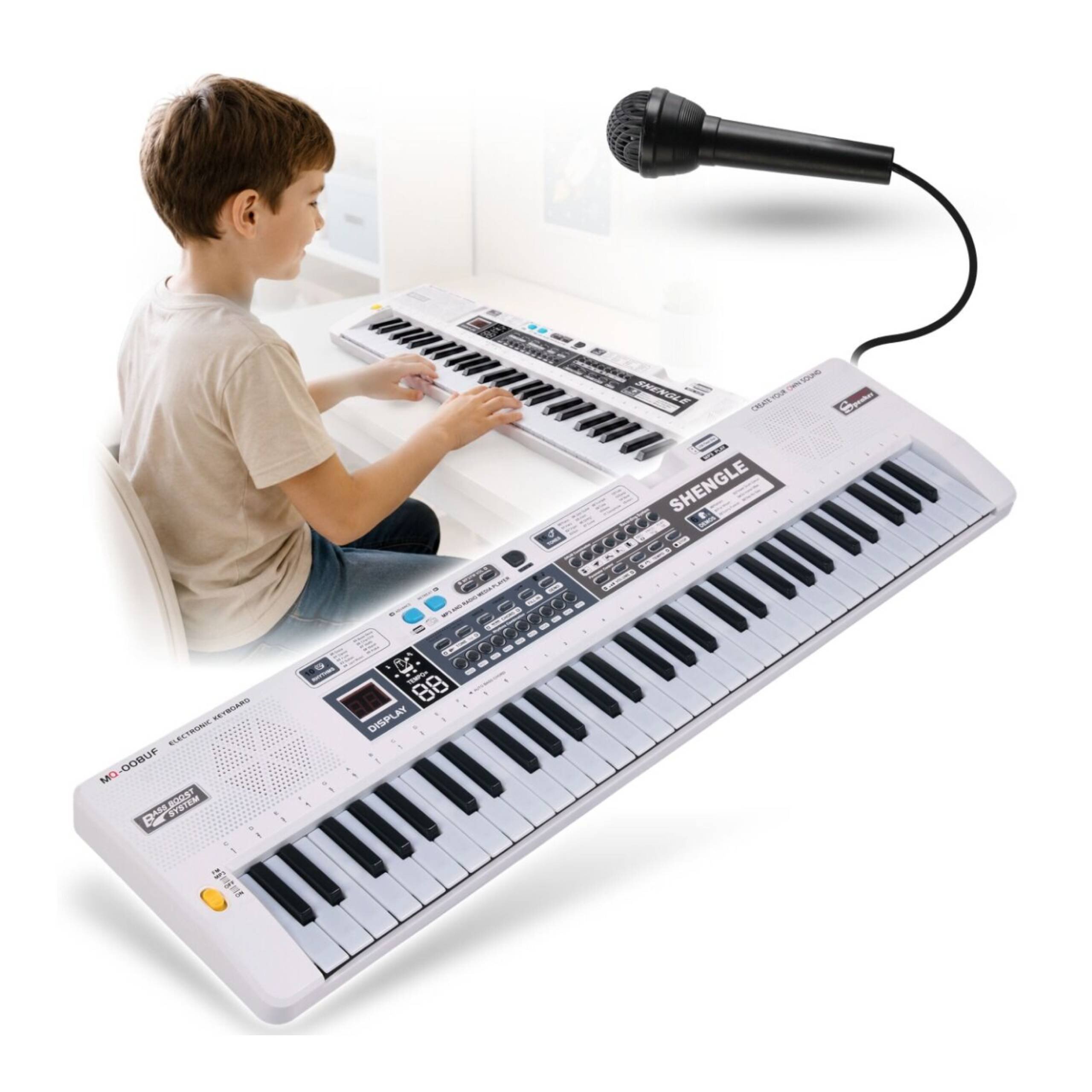 Na obrazie widoczny jest keyboard z 61 klawiszami oraz mikrofon. Na keyboardzie znajdują się napisy: \'SHENGLE\', \'DISPLAY\', \'MD-6090UR\', \'ELECTRONIC KEYBOARD\'.