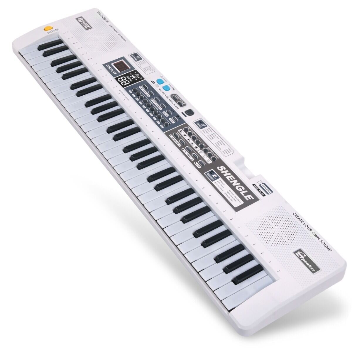 Na obrazie widoczny jest biały keyboard z 61 klawiszami, posiadający różne przyciski funkcyjne i wyświetlacz. Na obudowie znajduje się napis \'SHENGLE\' oraz \'CREATE YOUR OWN SOUND\'.