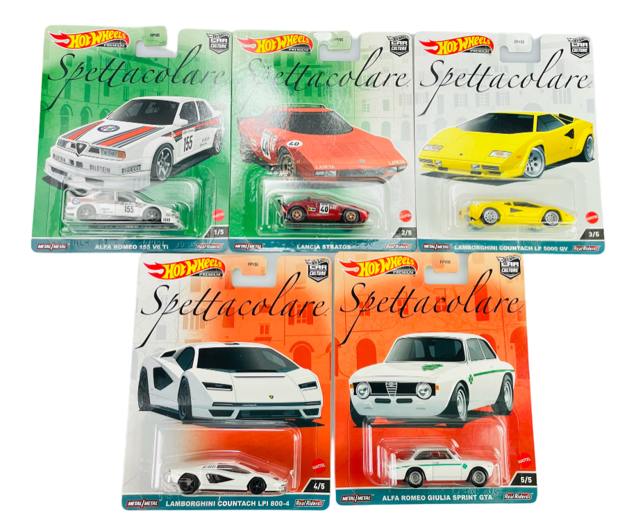 Na obrazie widoczne są opakowania z pięcioma modelami samochodów Hot Wheels z serii Spettacolare. Każde opakowanie zawiera metalowy model samochodu oraz grafikę przedstawiającą pełnowymiarowy pojazd.