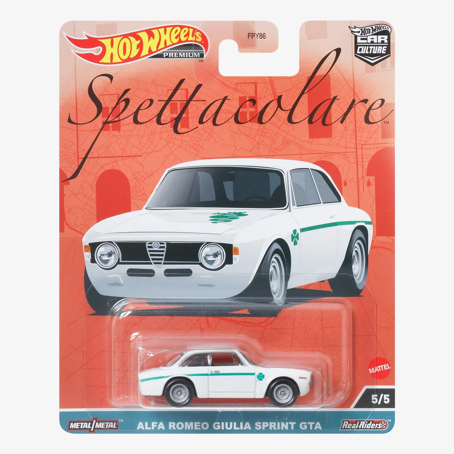 Opakowanie z modelem samochodu Hot Wheels Premium, przedstawiające biały samochód Alfa Romeo Giulia Sprint GTA z zielonymi detalami. Na opakowaniu widnieje napis \'Spettacolare\' oraz logo Hot Wheels i Mattel.
