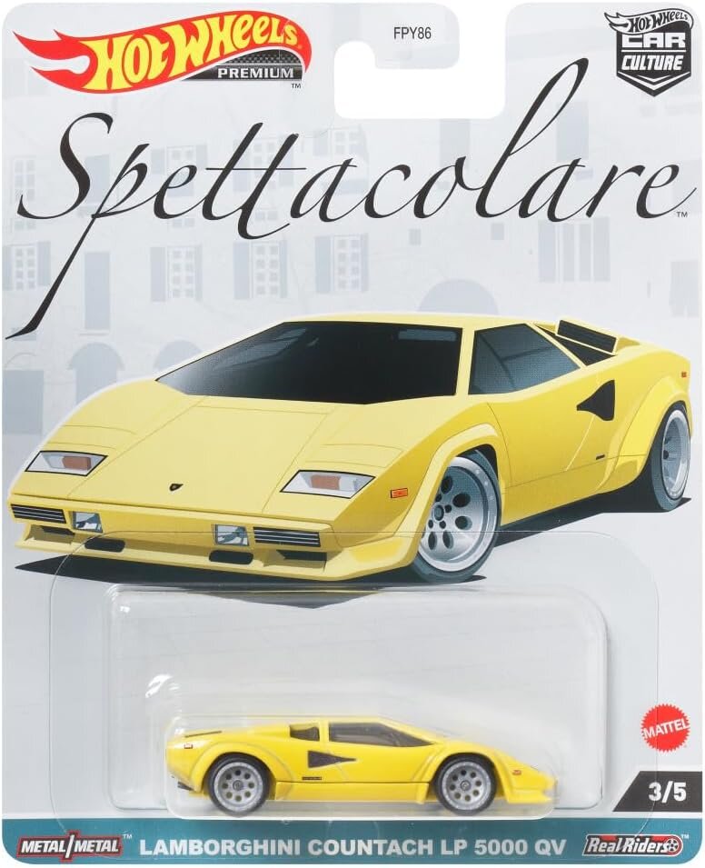 Opakowanie z modelem samochodu Hot Wheels Premium, przedstawiające żółty Lamborghini Countach LP 5000 QV. Na górze widoczne są napisy \'Hot Wheels Premium\', \'Spettacolare\' oraz \'FPY86\'.