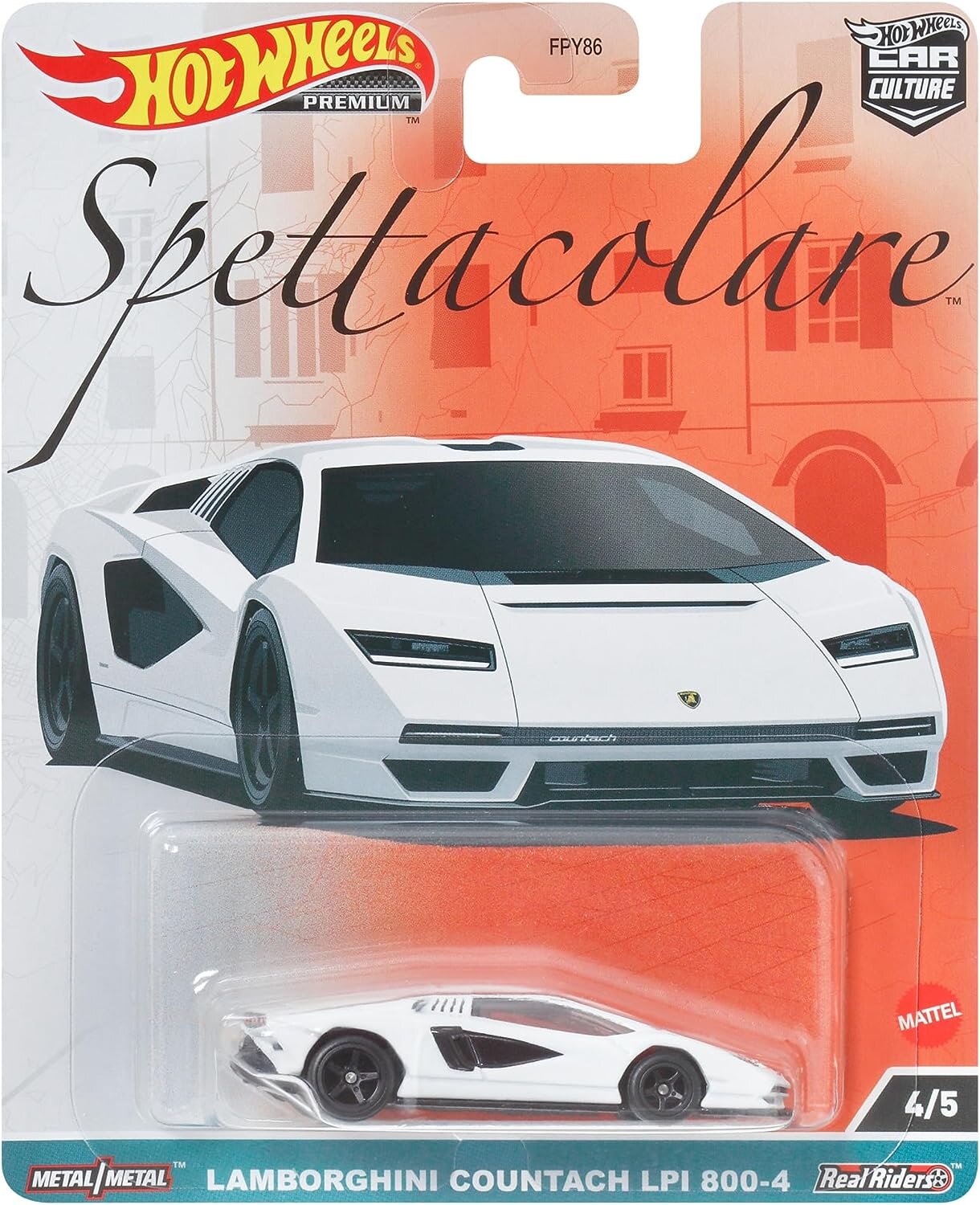 Opakowanie z modelem samochodu Hot Wheels Premium, przedstawiające biały Lamborghini Countach LPI 800-4. Na górze widoczne jest logo \'Hot Wheels Premium\' oraz napis \'Spettacolare\'.
