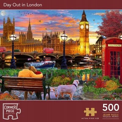 Obrazek przedstawia układankę z widokiem na Londyn, z Big Benem i czerwonymi autobusami. Na dole widnieje napis \'Corner Piece Puzzles\' oraz informacja \'500\' z ikoną puzzla.