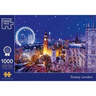 Obrazek przedstawia zimowy widok na Londyn z ośnieżonymi budynkami i diabelskim młynem na tle nocnego nieba. Na opakowaniu widnieje napis \'Corner Piece\', \'1000 Jigsaw Puzzle\', oraz \'Snowy London\'.