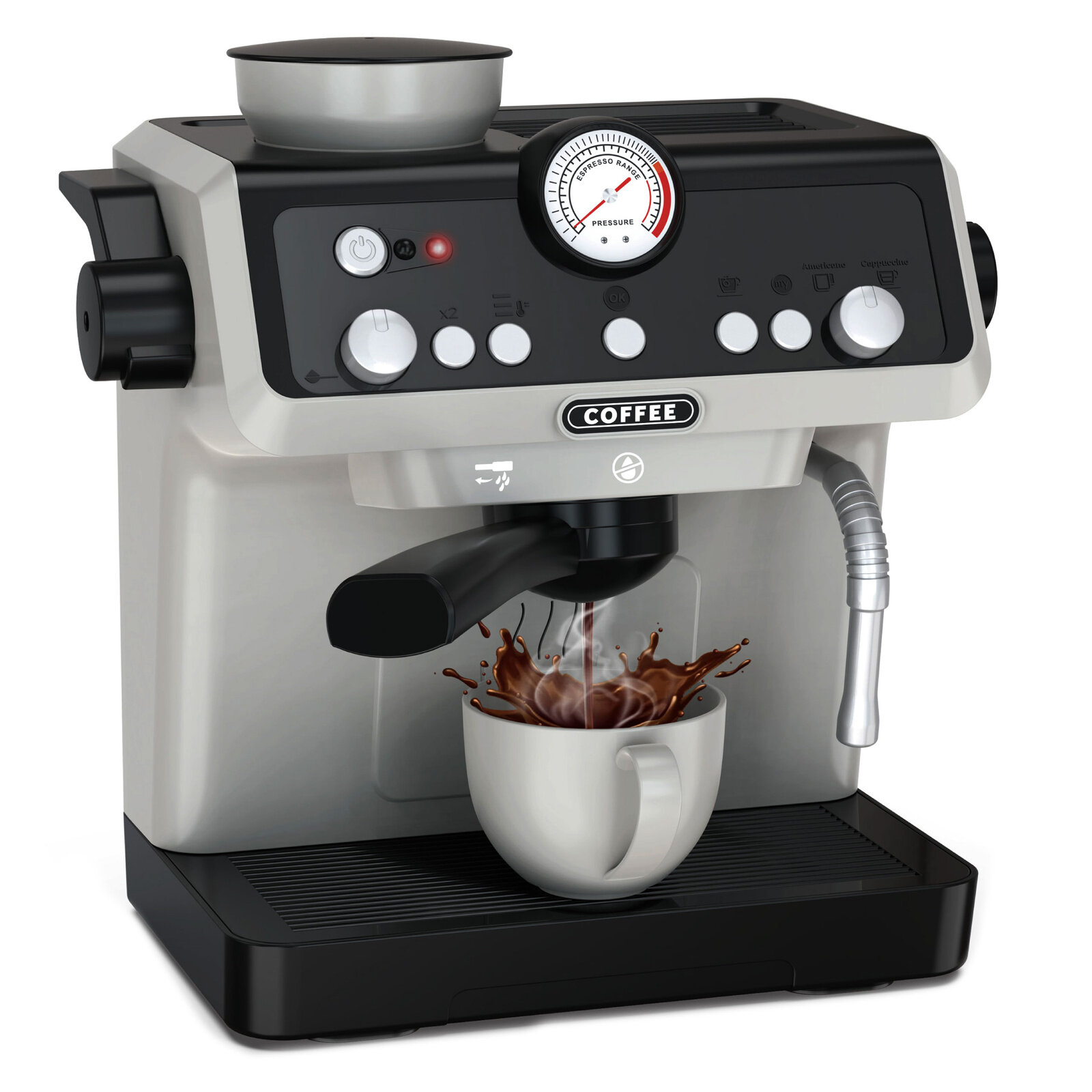 Ekspres do kawy z manometrem, przyciskami i dyszą do spieniania mleka, z filiżanką pod wylewką, do której nalewana jest kawa. Na urządzeniu widoczny jest napis \'COFFEE\'.