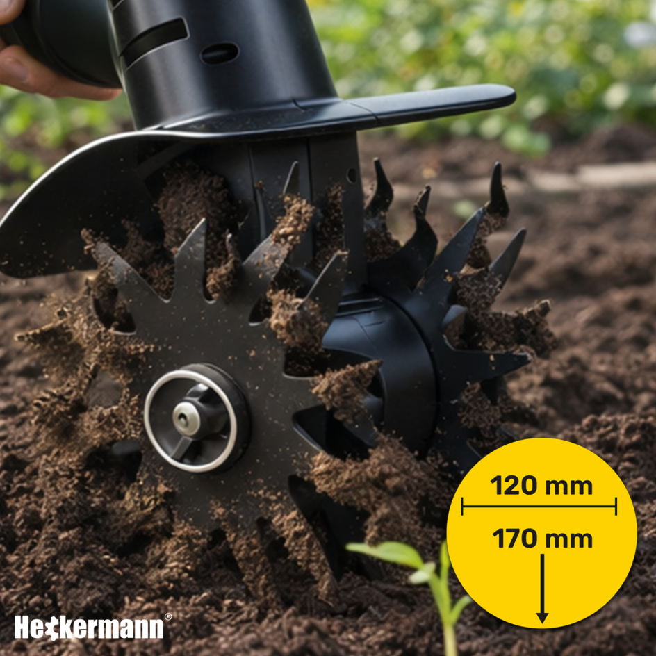 Obraz przedstawia czarną glebogryzarkę z ostrzami w ruchu, pracującą w ziemi. Na żółtym tle widnieją wymiary: 120 mm i 170 mm, a w lewym dolnym rogu znajduje się logo Heckermann.