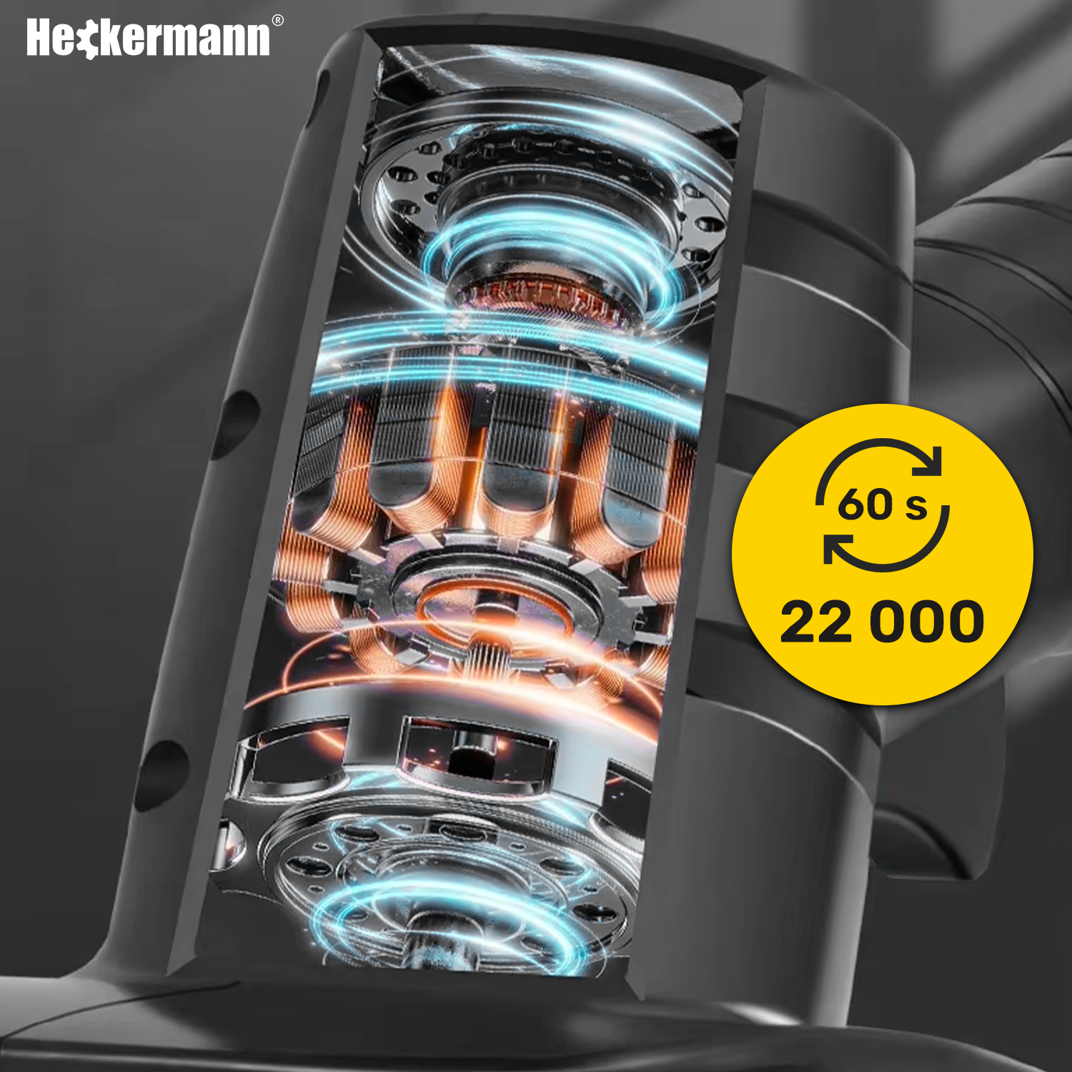 Obraz przedstawia wnętrze mechanizmu z widocznymi elementami w kolorach niebieskim i pomarańczowym. Na żółtym tle widnieje tekst: \'60 s 22 000\'.