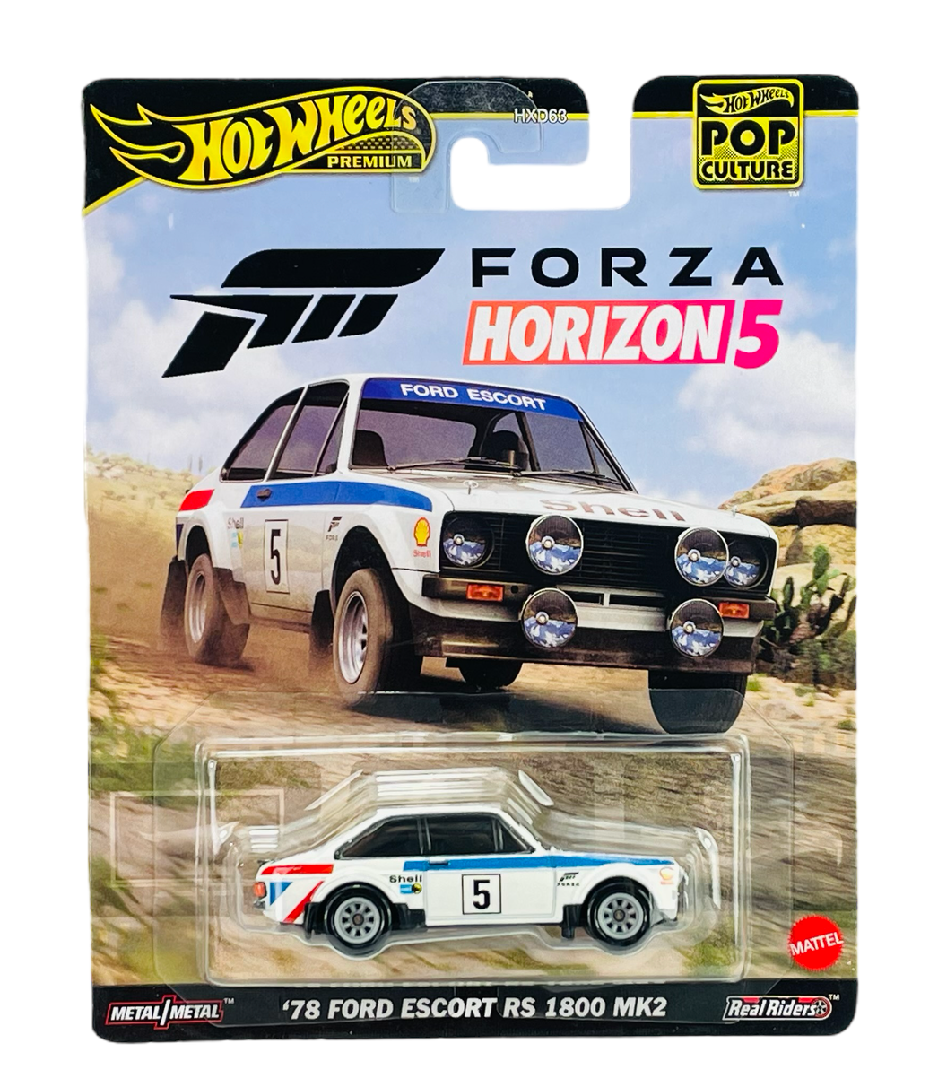 Opakowanie z modelem samochodu \'78 Ford Escort RS 1800 MK2 w stylu rajdowym, z logo \'Forza Horizon 5\' i \'Hot Wheels Premium Pop Culture\'. Widoczny jest napis \'Metal/Metal\' oraz logo \'Mattel\'.