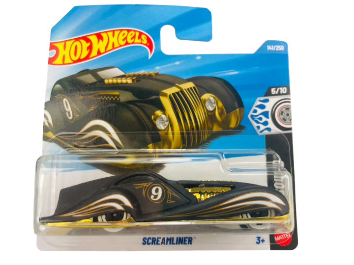 Opakowanie z modelem samochodu Hot Wheels o nazwie \'Screamliner\', z numerem 9 na boku. Na opakowaniu widnieje logo \'Hot Wheels\' oraz oznaczenia \'14/250\' i \'5/10\'.