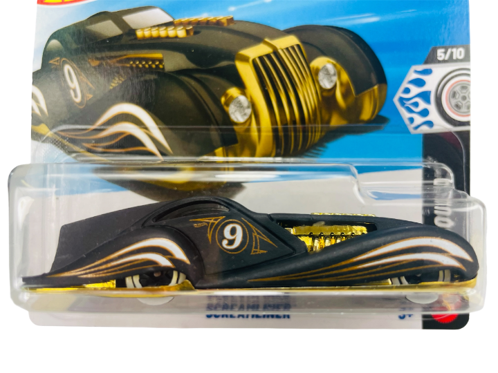 Model samochodu Hot Wheels w kolorze czarnym z złotymi detalami i numerem 9 na boku. Opakowanie zawiera napis \'Screamliner\' oraz oznaczenie 5/10.