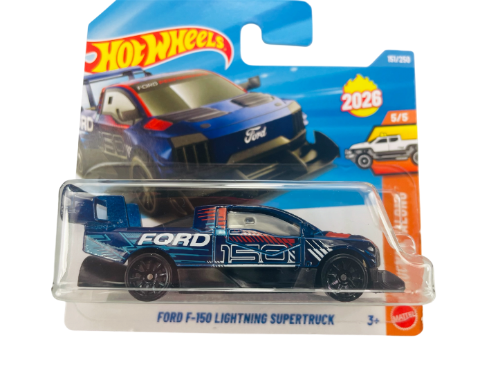 Opakowanie z metalowym modelem samochodu Hot Wheels, przedstawiające niebieski pojazd z napisem \'FORD\' i numerem \'150\' na boku. Na opakowaniu widnieje tekst \'FORD F-150 LIGHTNING SUPERTRUCK\' oraz logo Hot Wheels.