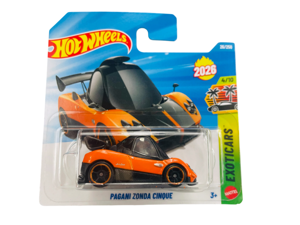 Opakowanie z modelem samochodu Hot Wheels, przedstawiające pomarańczowy pojazd Pagani Zonda Cinque. Na opakowaniu widnieje tekst: \'Hot Wheels\', \'2026\', \'26/250\', \'4/10\', \'EXOTICARS\', \'Pagani Zonda Cinque\'.