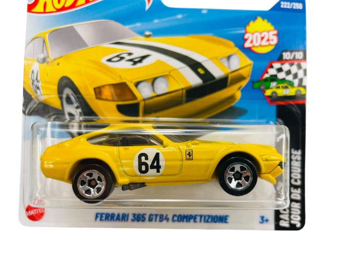 Opakowanie z modelem samochodu Hot Wheels w kolorze żółtym z numerem 64 na boku. Na opakowaniu widnieje napis \'Ferrari 365 GTB4 Competizione\' oraz logo producenta Mattel.