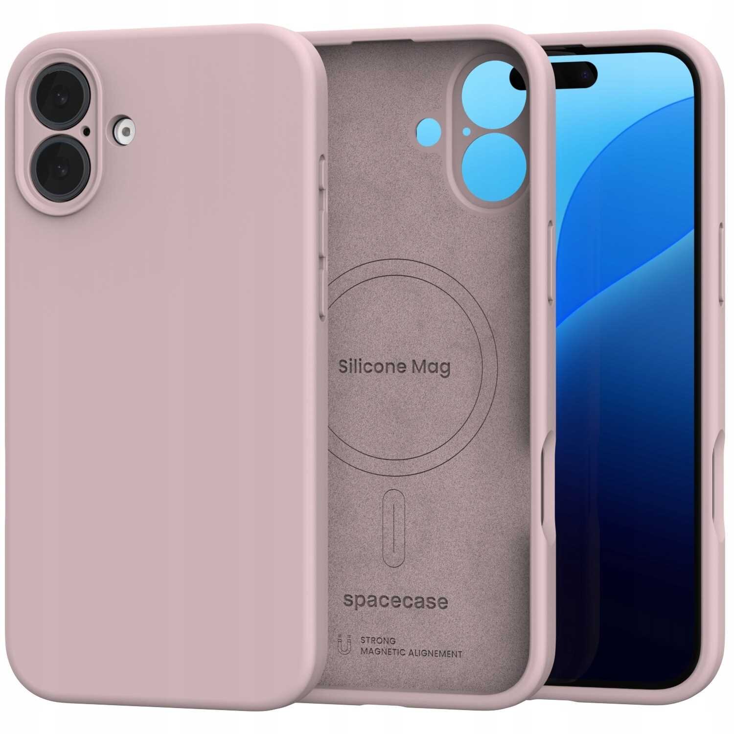Różowe silikonowe etui magnetyczne z napisem \'Silicone Mag\' i \'spacecase\' oraz oznaczeniem \'STRONG MAGNETIC ALIGNMENT\'.