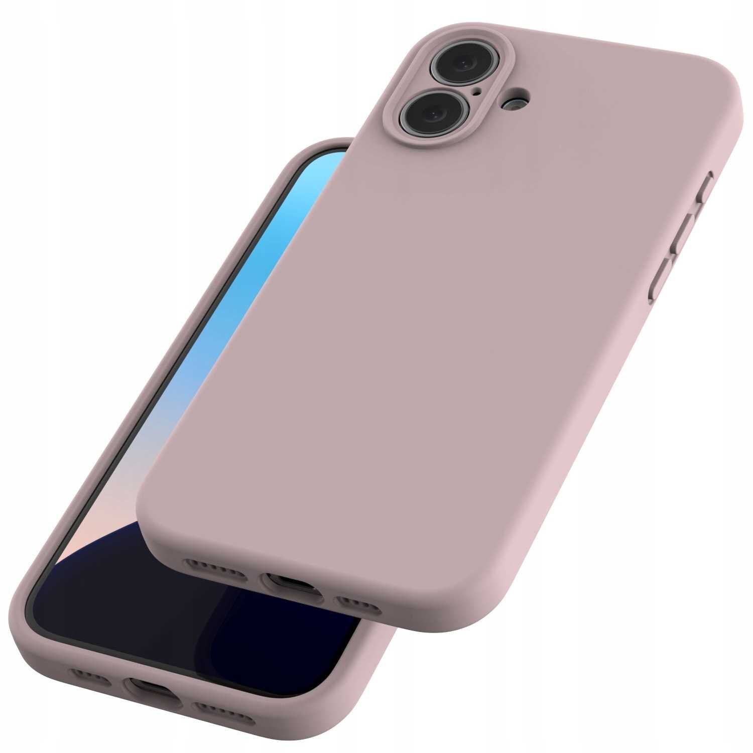 Różowe silikonowe etui na telefon z dwoma otworami na aparat i przyciskami bocznymi. Etui jest pokazane na dwóch telefonach, z których jeden jest częściowo widoczny z ekranem skierowanym do góry.
