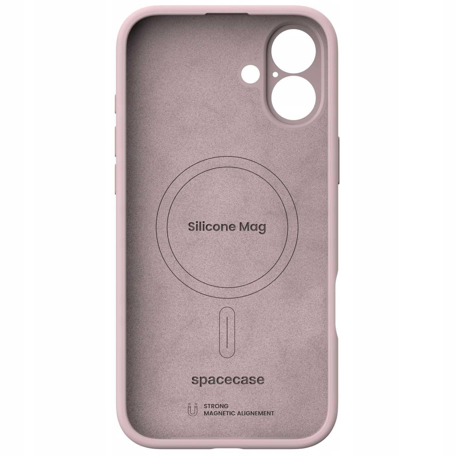 Różowe silikonowe etui z okrągłym wzorem i napisem \'Silicone Mag\' oraz \'spacecase\'. Widoczne są także napisy \'STRONG MAGNETIC ALIGNEMENT\'.