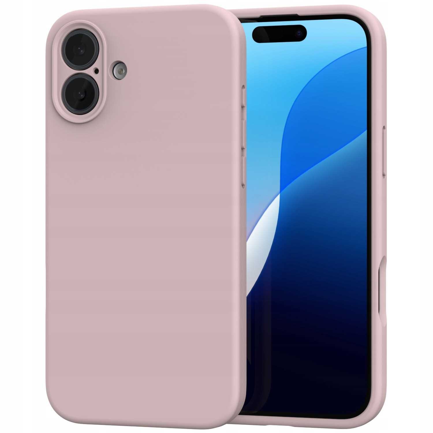 Różowe silikonowe etui na telefon z dwoma otworami na aparat i przyciskami bocznymi. Telefon w etui wyświetla niebiesko-białą grafikę na ekranie.