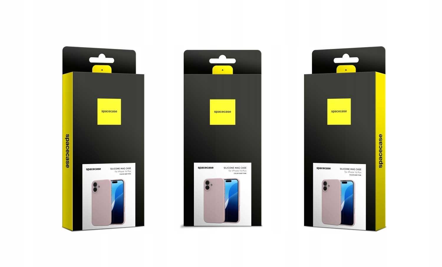 Trzy opakowania produktu z logo \'spacecase\' na czarnym tle z żółtym akcentem. Na każdym opakowaniu widoczny jest obrazek przedstawiający różowe etui na telefon.