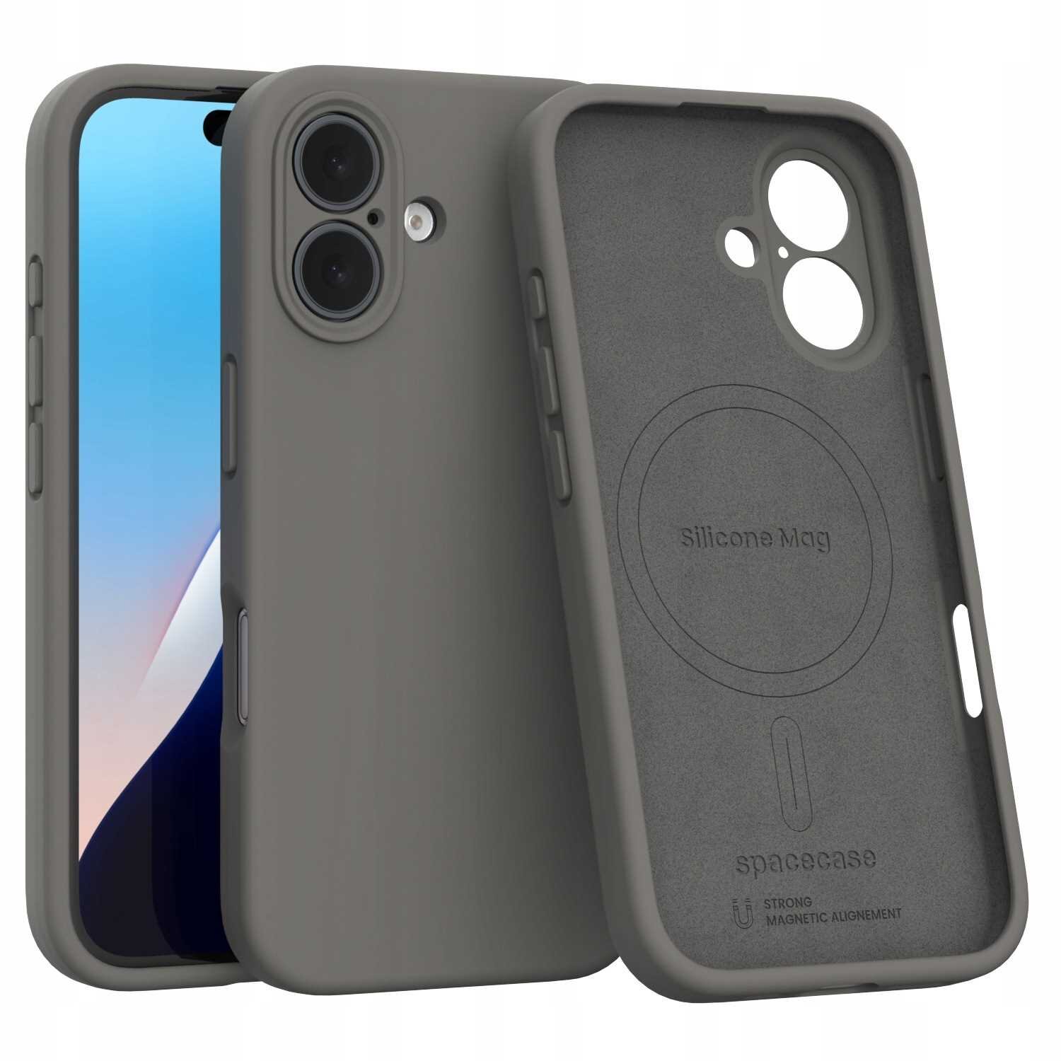Szare silikonowe etui magnetyczne z napisem \'Silicone Mag\' i \'spacecase\' na wewnętrznej stronie. Obok etui widoczny jest telefon z wyświetlaczem i podwójnym aparatem fotograficznym.