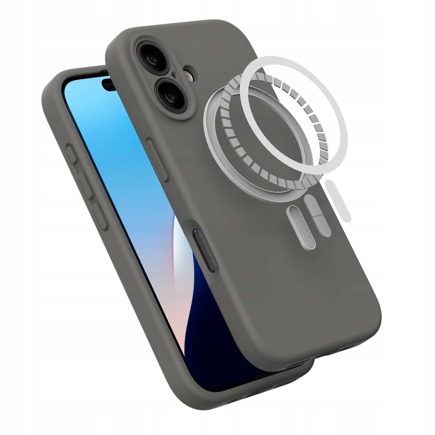 Szare silikonowe etui magnetyczne z MagSafe, przeznaczone do iPhone 16, z widocznymi wycięciami na aparat i przyciski. Obok etui znajduje się schematyczne przedstawienie pierścienia magnetycznego.
