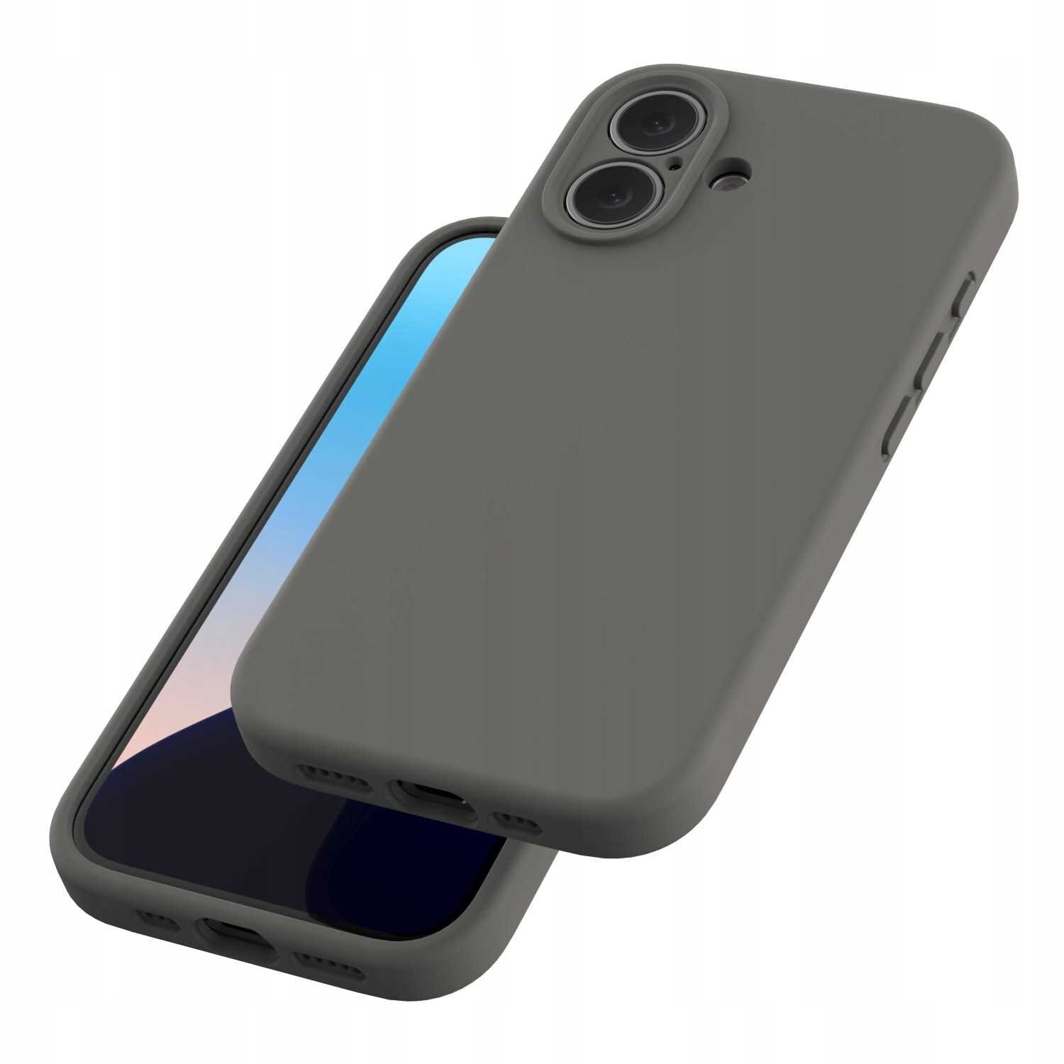 Szare silikonowe etui magnetyczne z dwoma otworami na aparat i przyciskami po bokach. Etui jest pokazane na dwóch telefonach, z których jeden ma widoczny ekran.