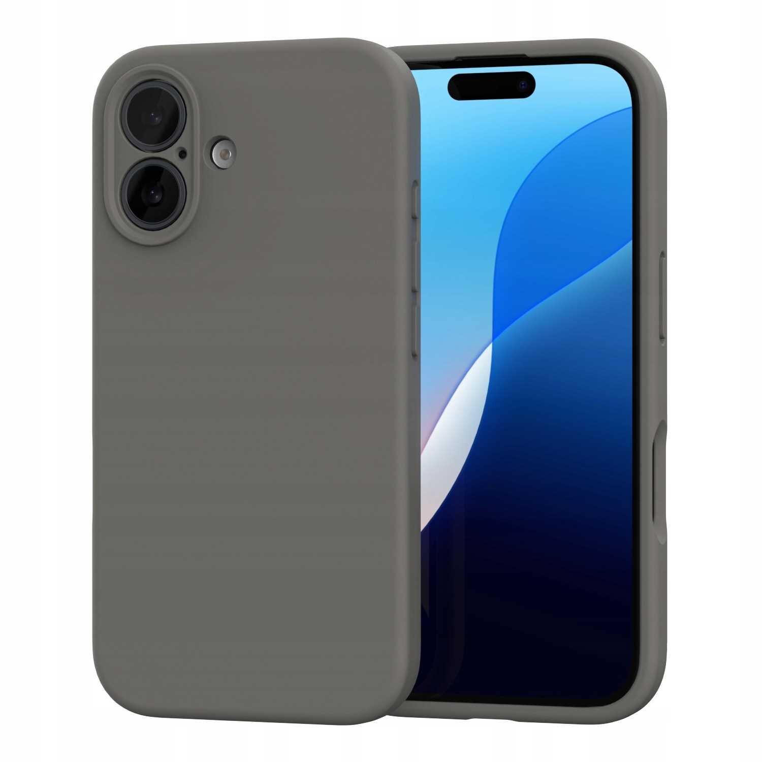 Szare silikonowe etui na telefon z widocznymi wycięciami na aparat i przyciski. Obok etui znajduje się telefon z wyświetlaczem pokazującym niebiesko-białą grafikę.