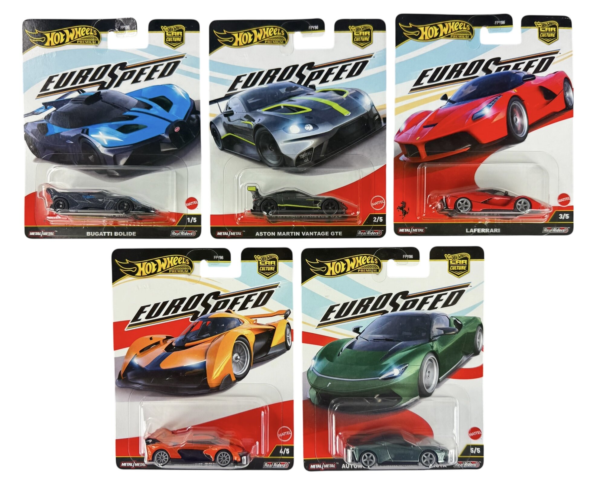 Zestaw pięciu modeli samochodów Hot Wheels Premium Eurospeed, każdy w osobnym opakowaniu z widocznymi nazwami: Bugatti Bolide, Aston Martin Vantage GTE, LaFerrari, oraz dwa inne modele. Opakowania mają logo Hot Wheels i napis \'Eurospeed\'.