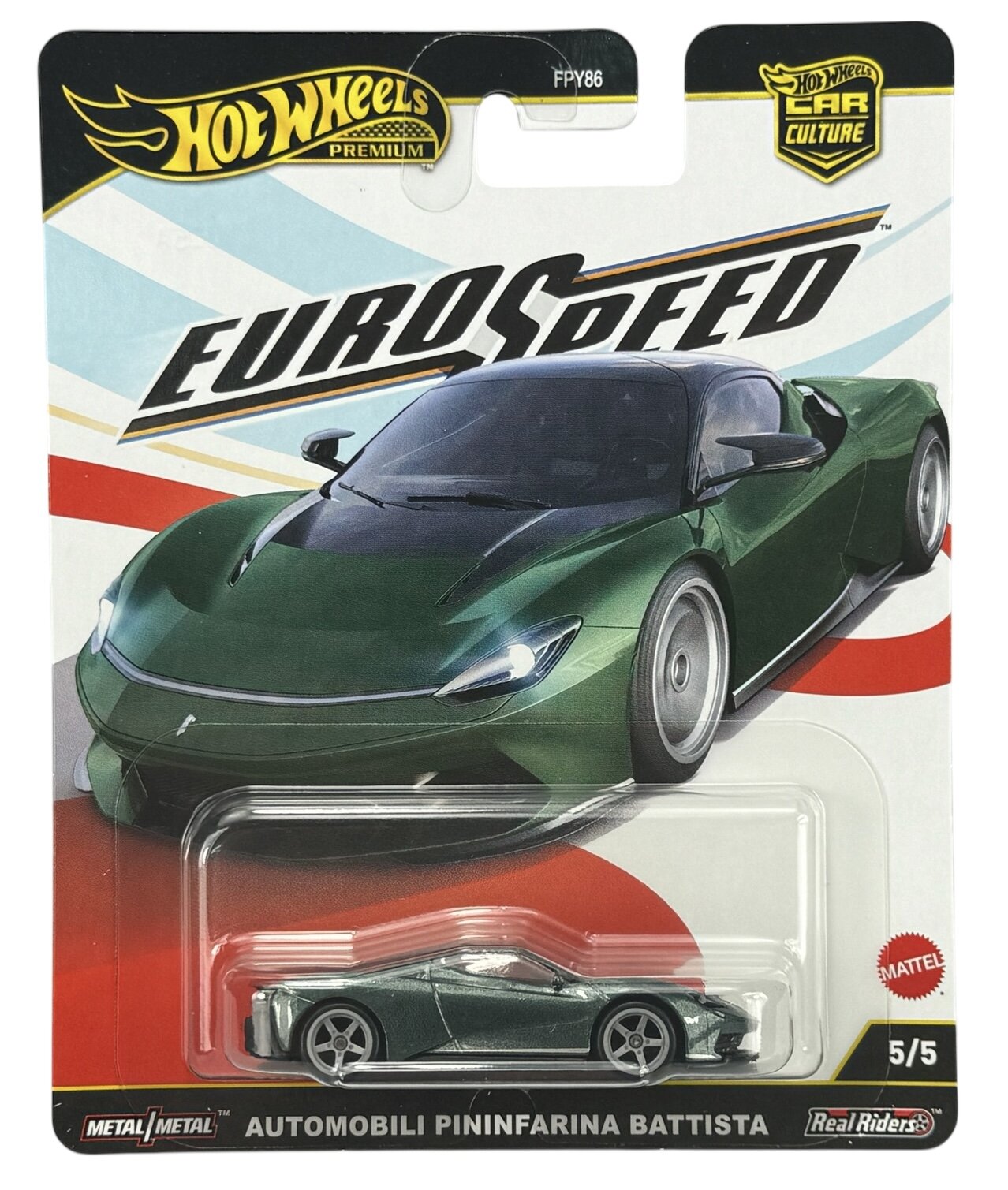 Opakowanie z modelem samochodu Hot Wheels Premium Eurospeed, przedstawiające zielony samochód Automobili Pininfarina Battista. Na opakowaniu widoczne są napisy: \'Hot Wheels Premium\', \'Eurospeed\', \'Automobili Pininfarina Battista\', \'Metal/Metal\', \'Real Riders\', oraz logo Mattel.