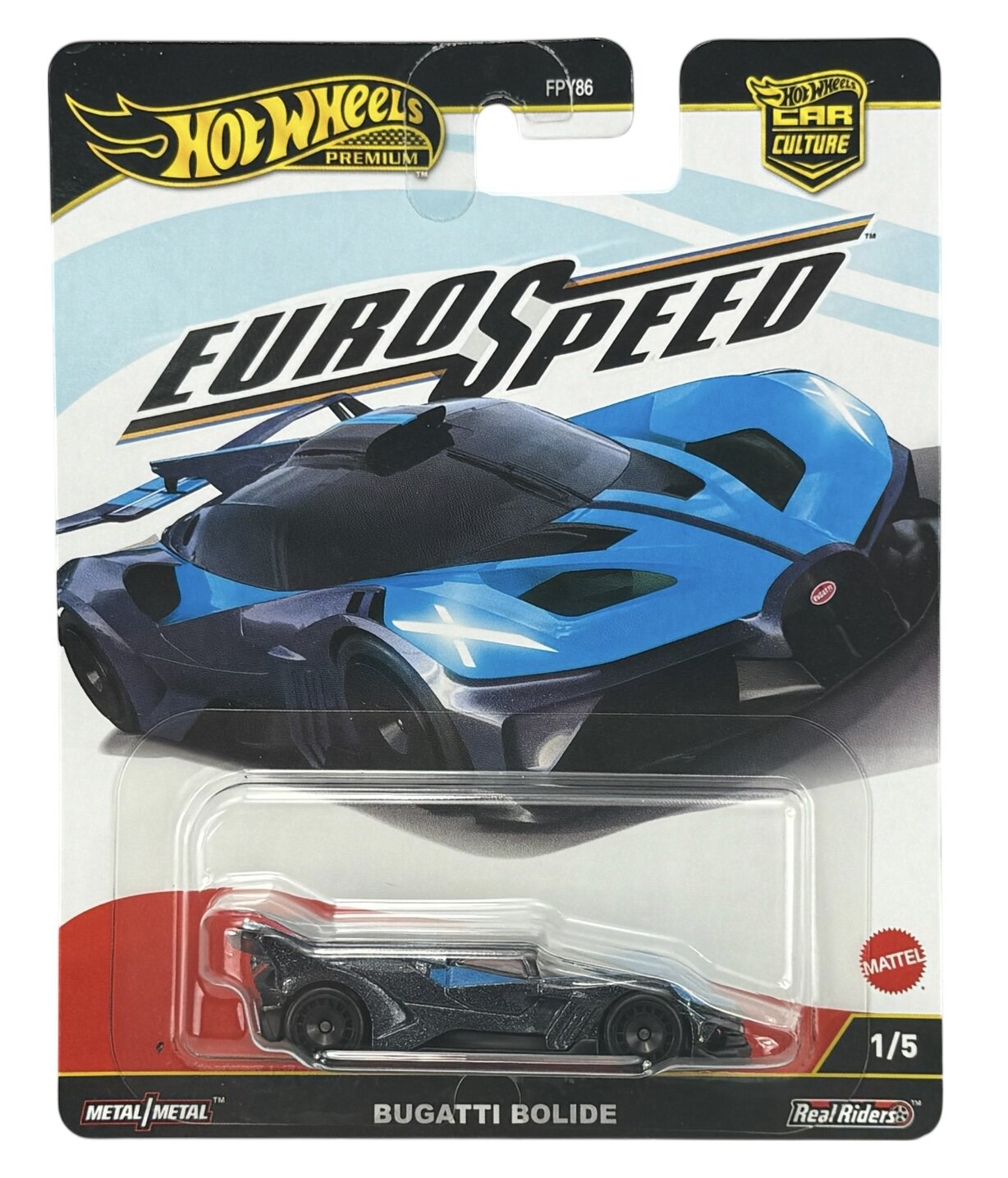 Opakowanie z modelem samochodu Hot Wheels Premium Eurospeed, przedstawiające niebieski samochód wyścigowy Bugatti Bolide. Na opakowaniu widoczne są napisy: \'Hot Wheels Premium\', \'Eurospeed\', \'Bugatti Bolide\', \'Metal/Metal\', \'Real Riders\', oraz logo Mattel.