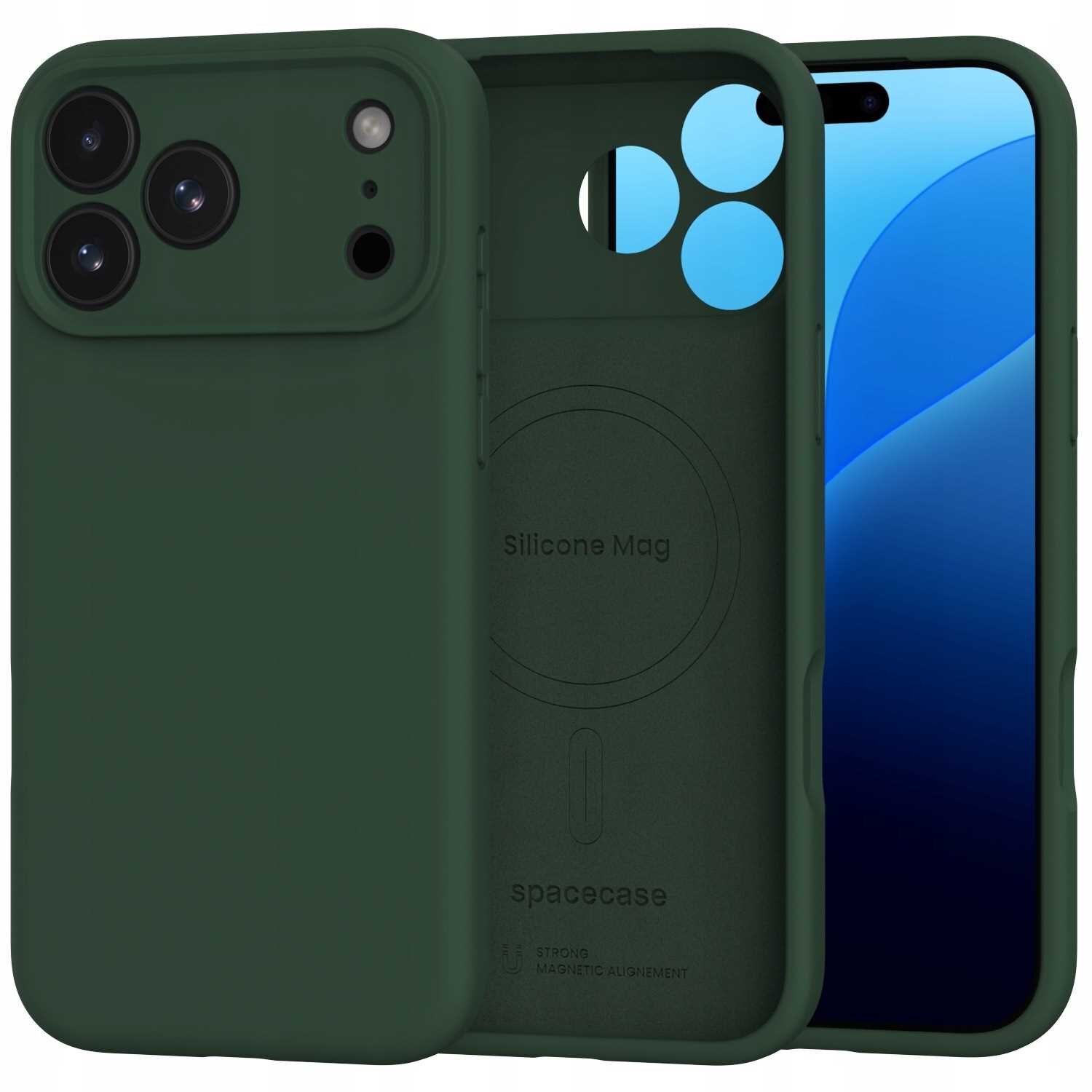 Zielone silikonowe etui z wycięciami na aparat i przyciski, przeznaczone do iPhone 17 Pro Max. Etui posiada funkcję magnetyczną MagSafe.